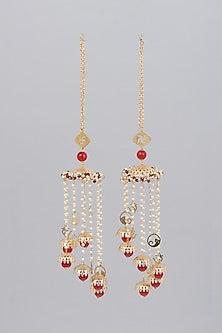 Gold Finish Kaleeras With Red & White Pearls