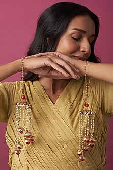 Gold Finish Kaleeras With Red & White Pearls