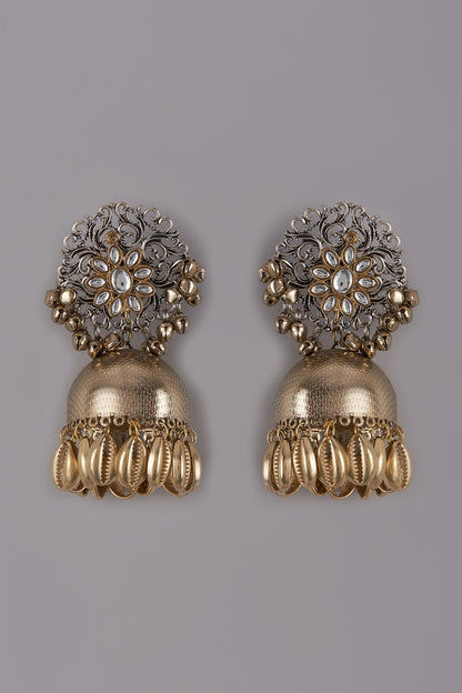 Oxidised Finish Kundan Jhumka Earrings