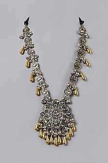 Oxidised Finish Long Necklace With Gold Danglers