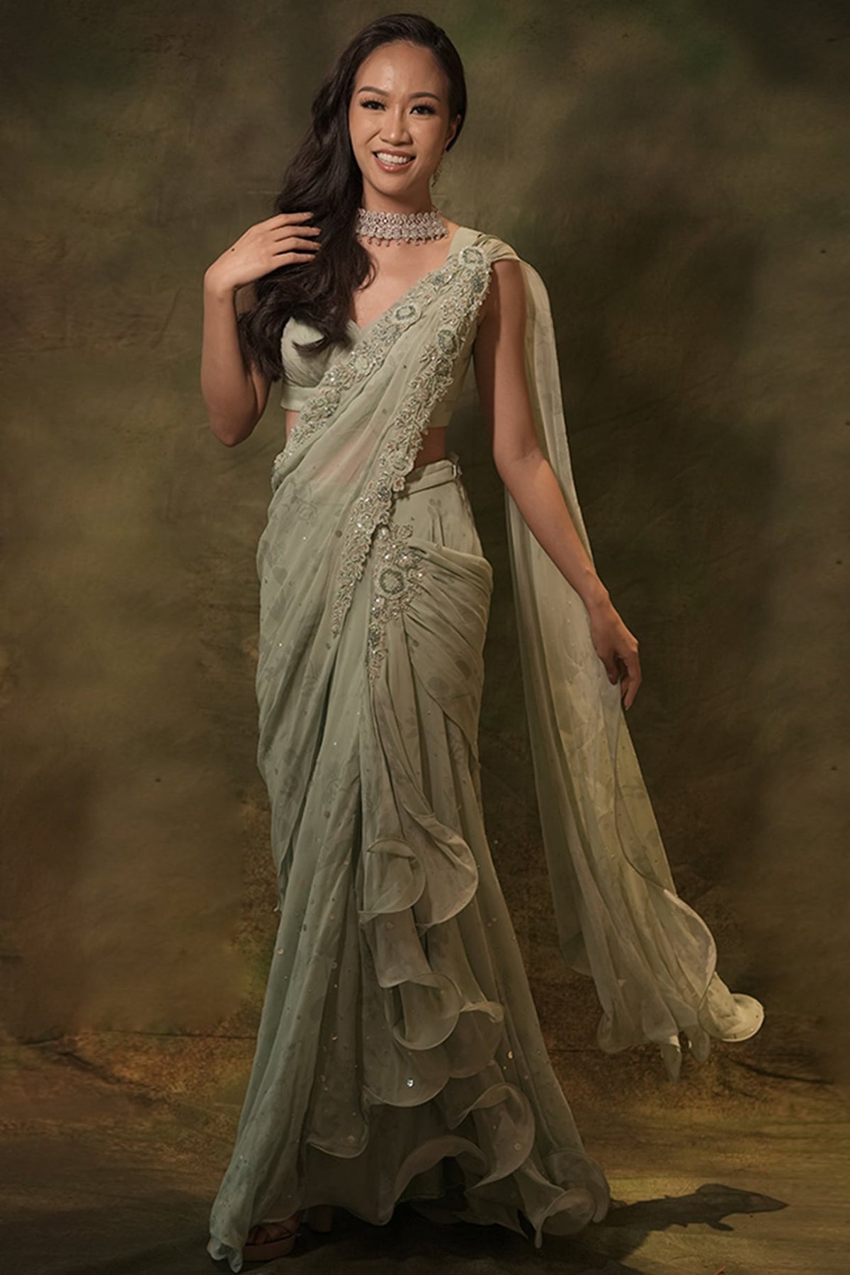 Pastel Green Georgette Floral Brooch Embroidered Draped Skirt Saree Set