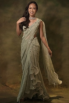 Pastel Green Georgette Floral Brooch Embroidered Draped Skirt Saree Set