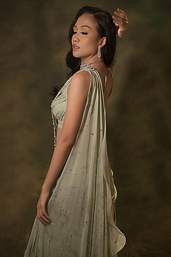 Pastel Green Georgette Floral Brooch Embroidered Draped Skirt Saree Set