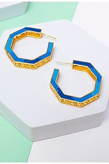 Gold Finish Blue Enameled Hoop Earrings