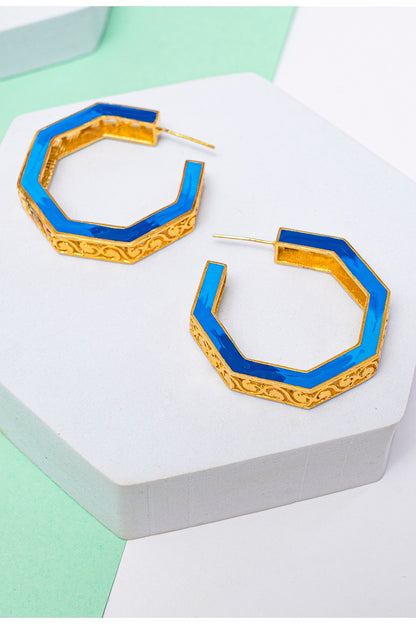 Gold Finish Blue Enameled Hoop Earrings