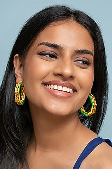 Gold Finish Green Enameled Hoop Earrings