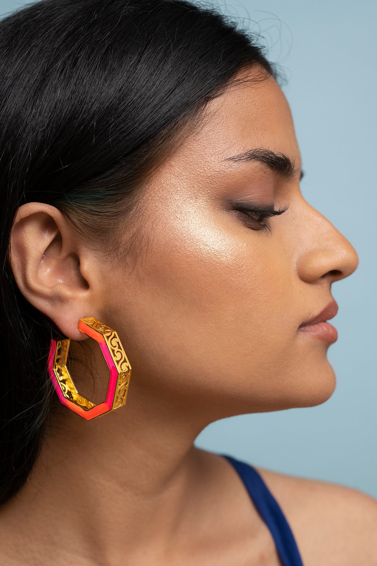 Gold Finish Green Enameled Hoop Earrings