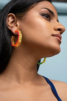 Gold Finish Green Enameled Hoop Earrings
