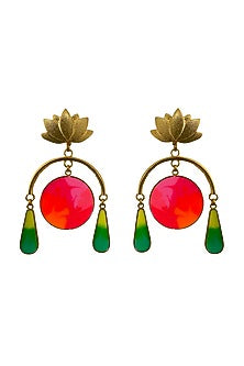 Gold Finish Earrings With Pink Enamel
