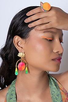 Gold Finish Earrings With Pink Enamel