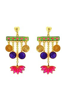Gold Finish Green Enameled Earrings