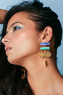 Gold Finish Blue Enameled Earrings