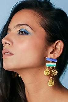 Gold Finish Blue Enameled Earrings