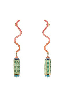 Gold Finish Green Enameled Dangler Earrings