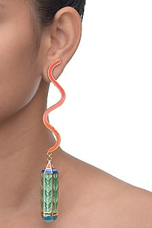 Gold Finish Green Enameled Dangler Earrings