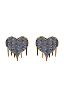 Gold Finish Grey Enameled Stud Earrings