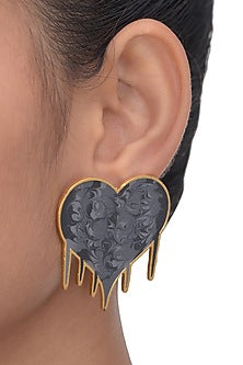 Gold Finish Grey Enameled Stud Earrings