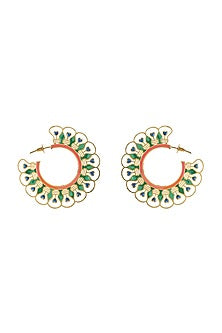 Gold Finish Green Enameled Hoop Earrings