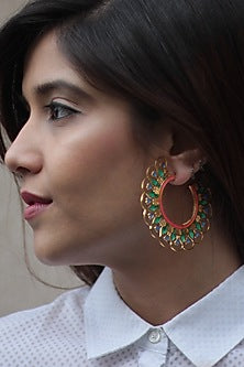 Gold Finish Green Enameled Hoop Earrings