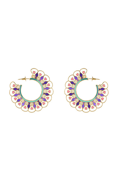 Gold Finish Purple Enameled Hoop Earrings
