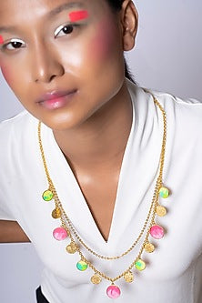 Gold Finish Enameled Charms Long Necklace