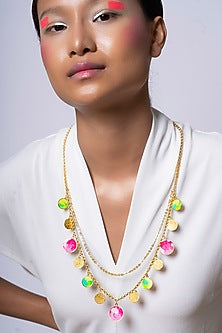 Gold Finish Enameled Charms Long Necklace