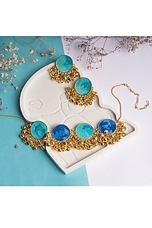 Gold Finish Blue Enameled Choker Necklace Set