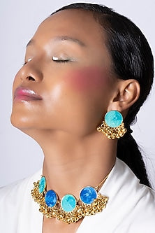 Gold Finish Blue Enameled Choker Necklace Set