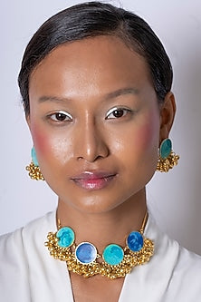 Gold Finish Blue Enameled Choker Necklace Set