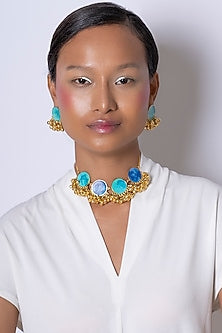 Gold Finish Blue Enameled Choker Necklace Set
