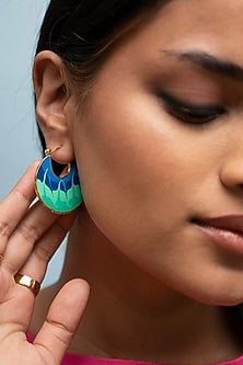 Gold Finish Turquoise & Blue Enameled Hoop Earrings