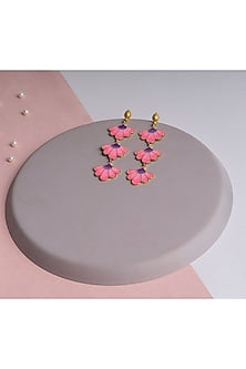 Gold Finish Pink Enameled Earrings