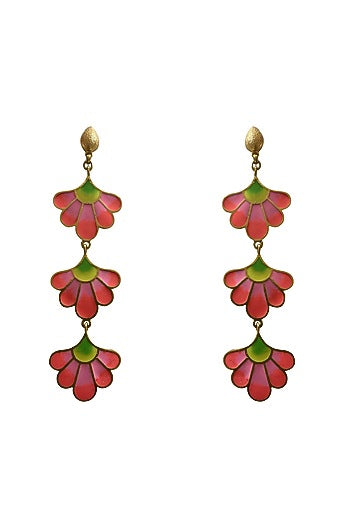 Gold Finish Pink Enameled Dangler Earrings