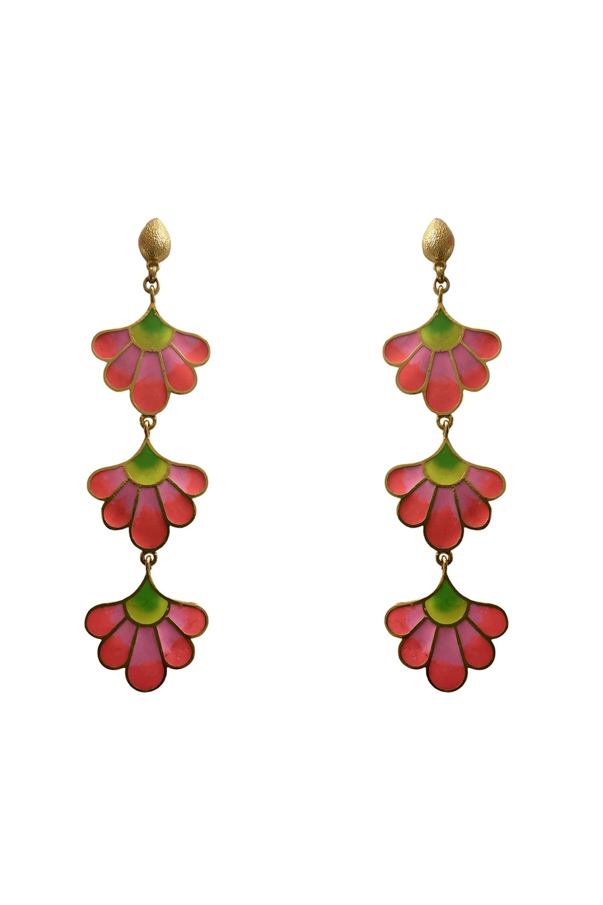 Gold Finish Pink Enameled Dangler Earrings