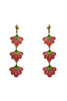 Gold Finish Pink Enameled Dangler Earrings