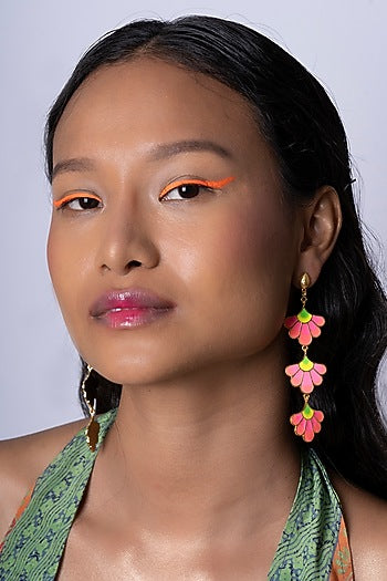Gold Finish Pink Enameled Dangler Earrings