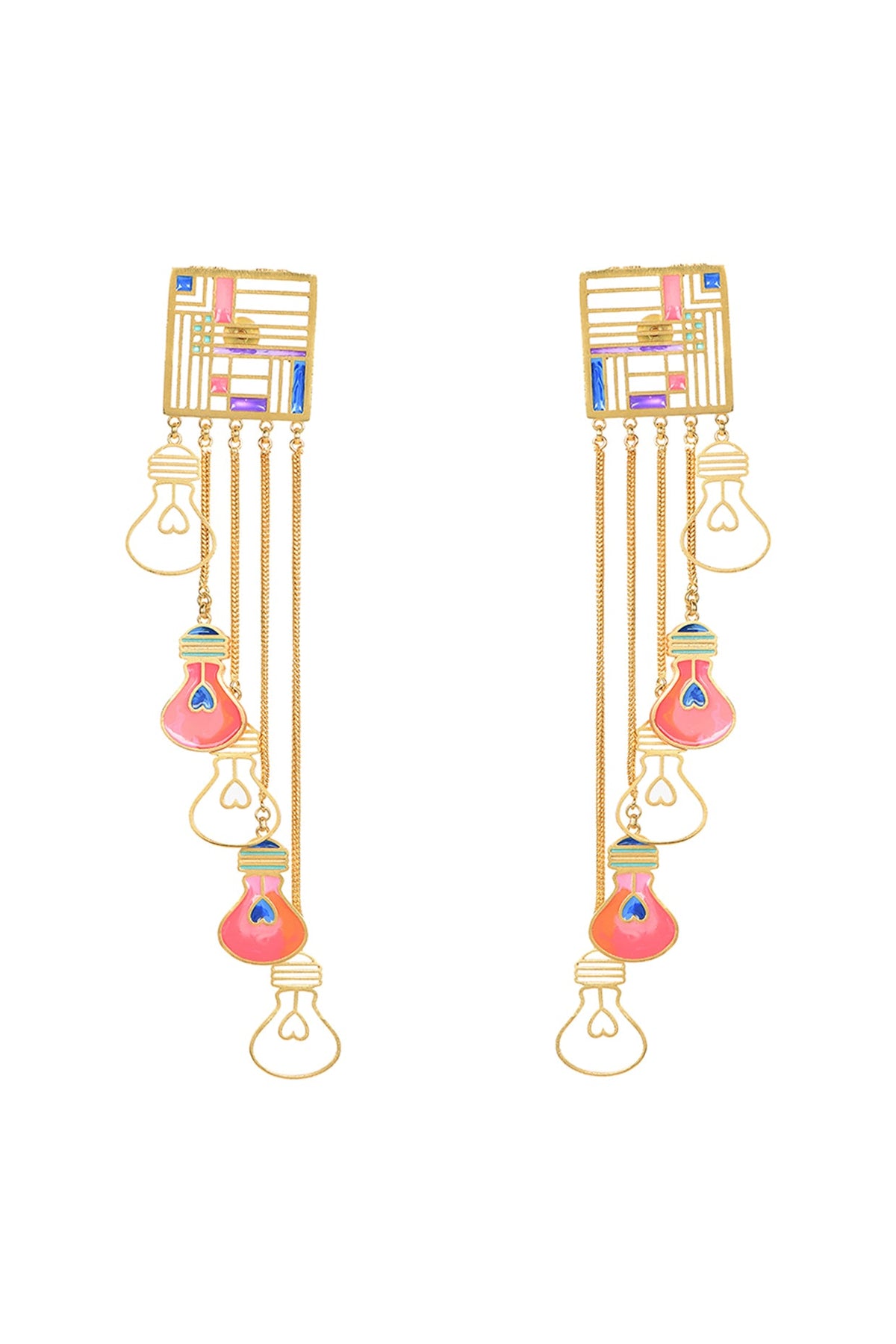 Gold Finish Pink Enameled Dangler Earrings