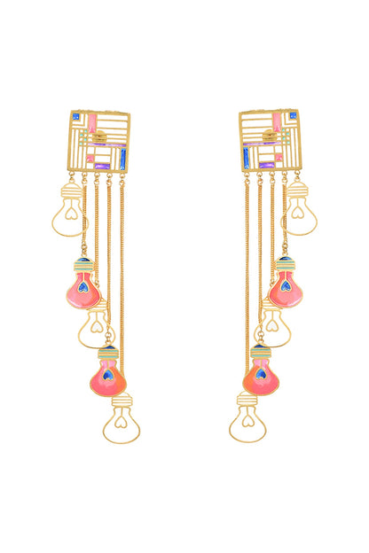 Gold Finish Pink Enameled Dangler Earrings