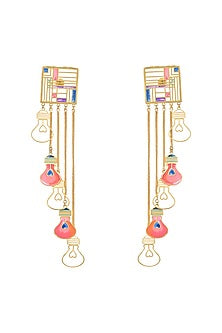 Gold Finish Pink Enameled Dangler Earrings