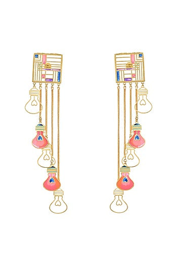 Gold Finish Pink Enameled Dangler Earrings