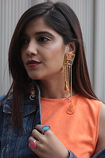 Gold Finish Pink Enameled Dangler Earrings