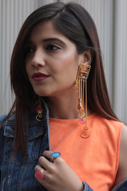 Gold Finish Pink Enameled Dangler Earrings