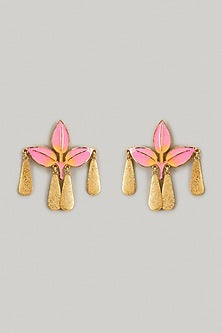 Gold Finish Pink Stone Enameled Dangler Earrings
