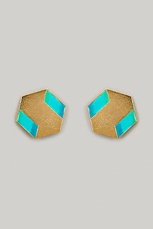 Gold Finish Turquoise Stone Enameled Stud Earrings
