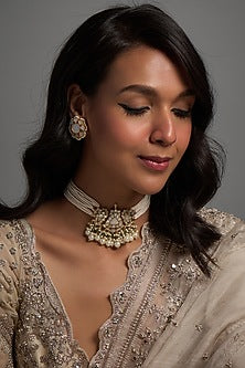 Gold Finish Kundan Polki & Mother Of Pearl Choker Necklace Set