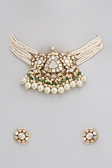 Gold Finish Kundan Polki & Mother Of Pearl Choker Necklace Set