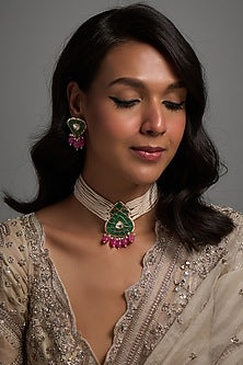 Gold Finish Kundan Polki & Pink Drop Choker Necklace Set