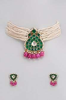 Gold Finish Kundan Polki & Pink Drop Choker Necklace Set