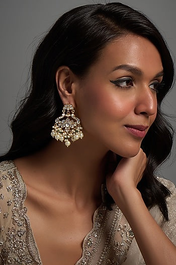 Gold Finish Kundan Polki & Mother Of Pearl Chandbaali Earrings