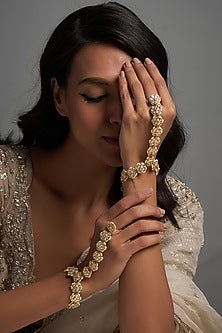 Gold Finish Kundan Polki Hathphools (Set Of 2)